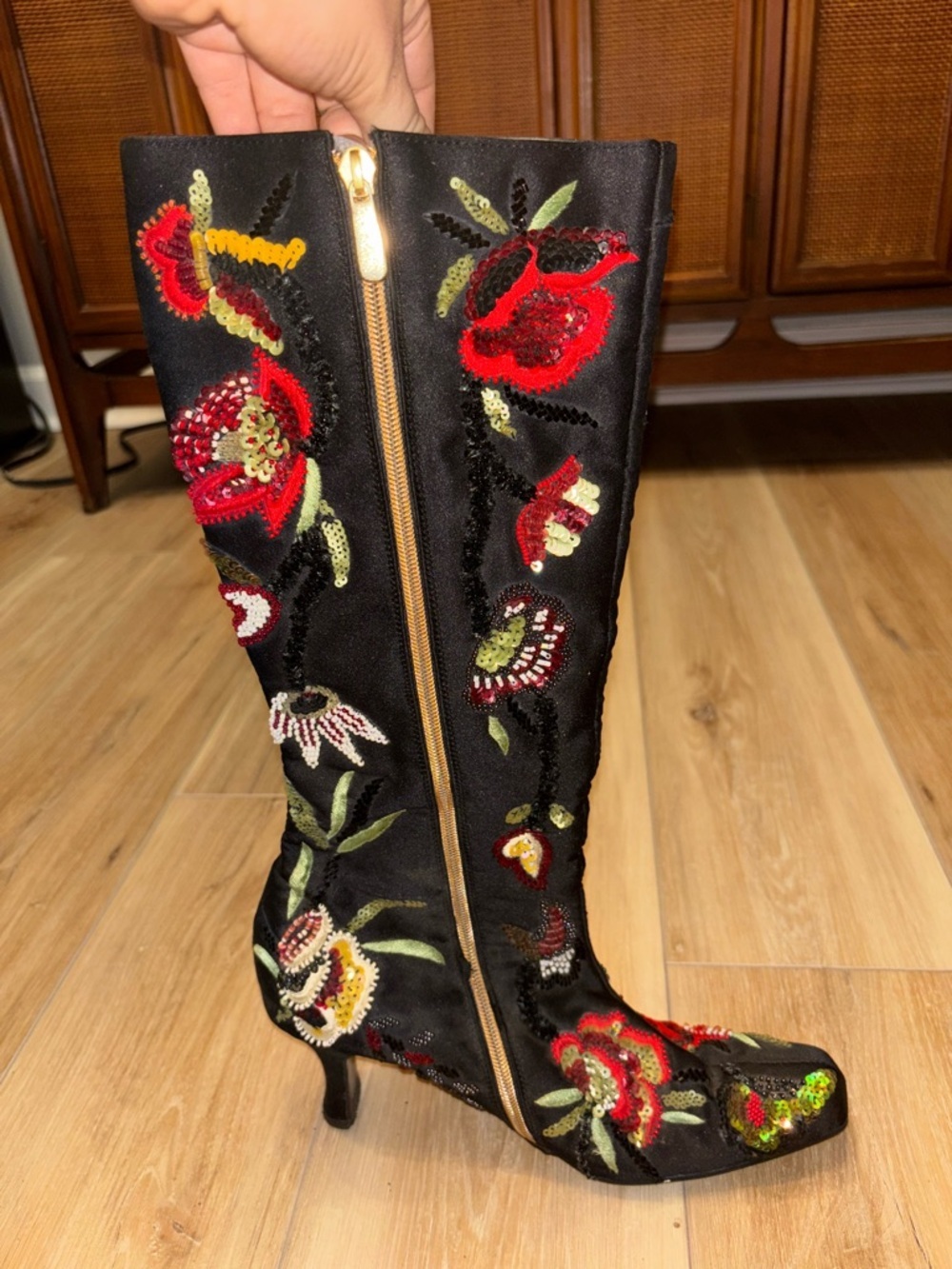 Rina Shah Vintage Beaded Floral Embroidered Black Satin Knee High Boots - Picture 9 of 14